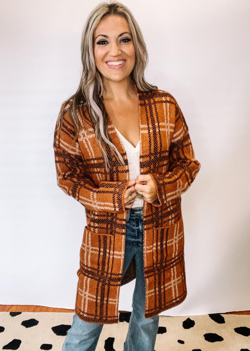 Toffee Plaid Open Front Cardigan