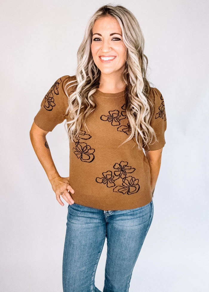 Artistic Flower Sweater with Puff Sleeves