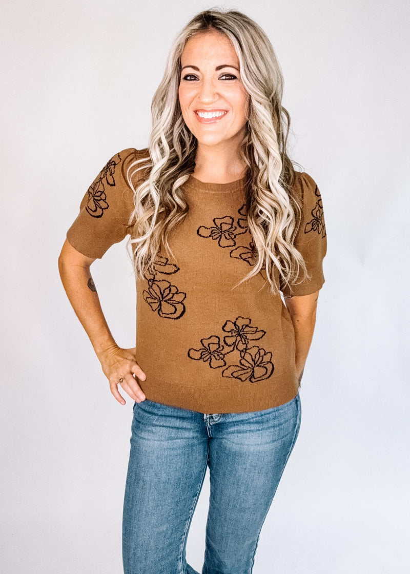 Artistic Flower Sweater with Puff Sleeves