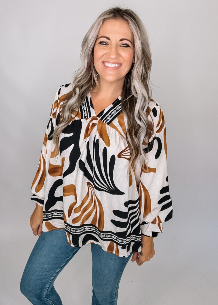 Caramel and Black Printed Babydoll Top