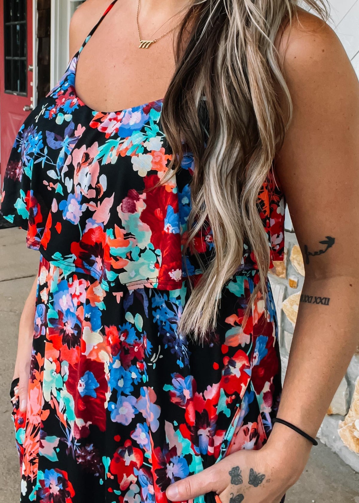Multi Color Floral Maxi with Ruffle Detail