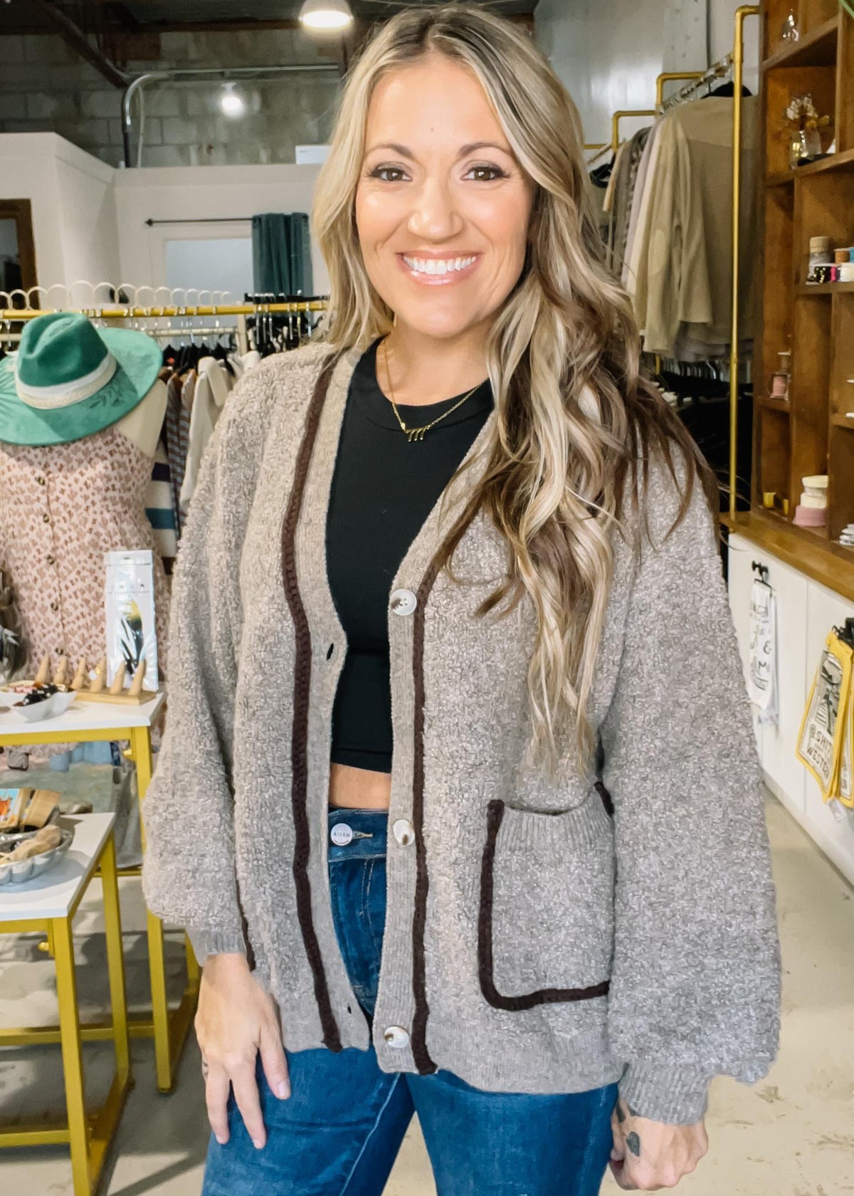Mocha Contrast Trim Boucle Knit Cardigan