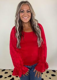 Red Lace Bell Sleeve Top