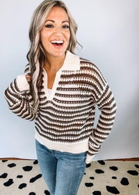 Mocha Ivory Stripe Knit Top with Collar