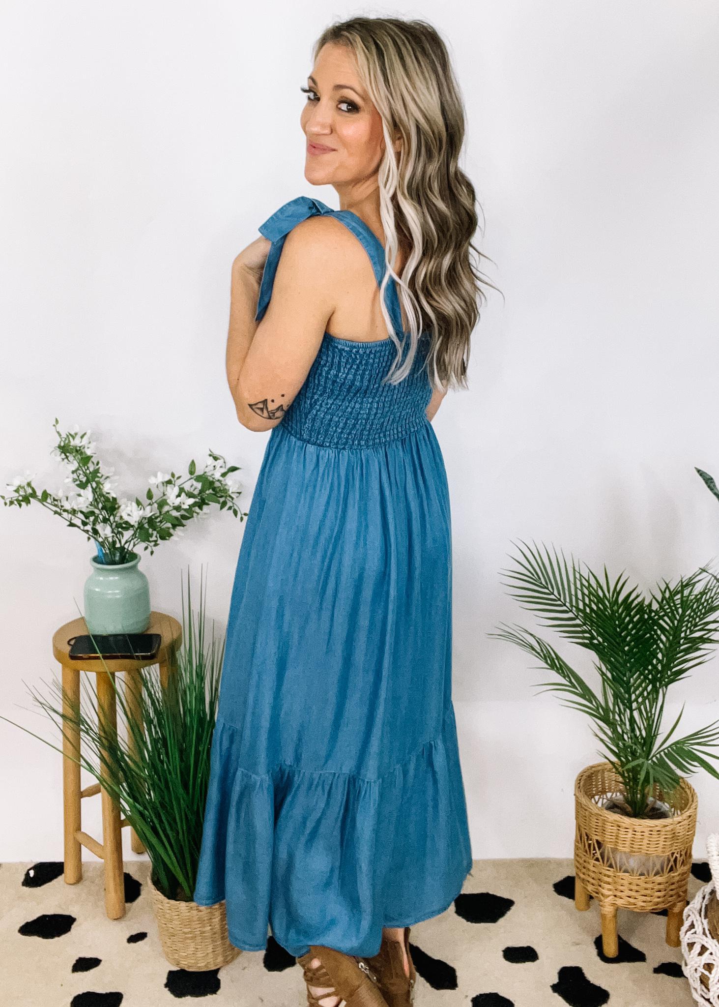 Chambray Smocked Midi Dress with Tie Straps The Teal Eagle Boutique Chambray Smocked Midi Dress with Tie Straps The Teal Eagle Boutique