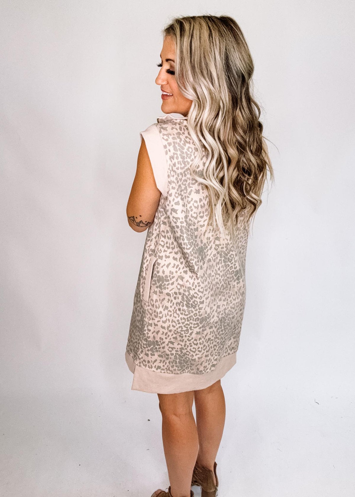Animal Print Suede Mini Dress with Contrast Fabric Detail