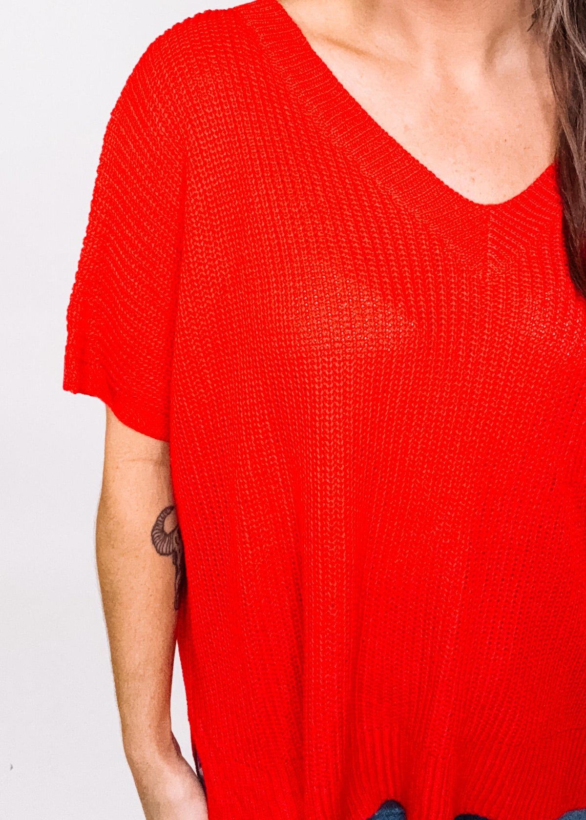 Braided Knit Short Sleeve Top With Pocket