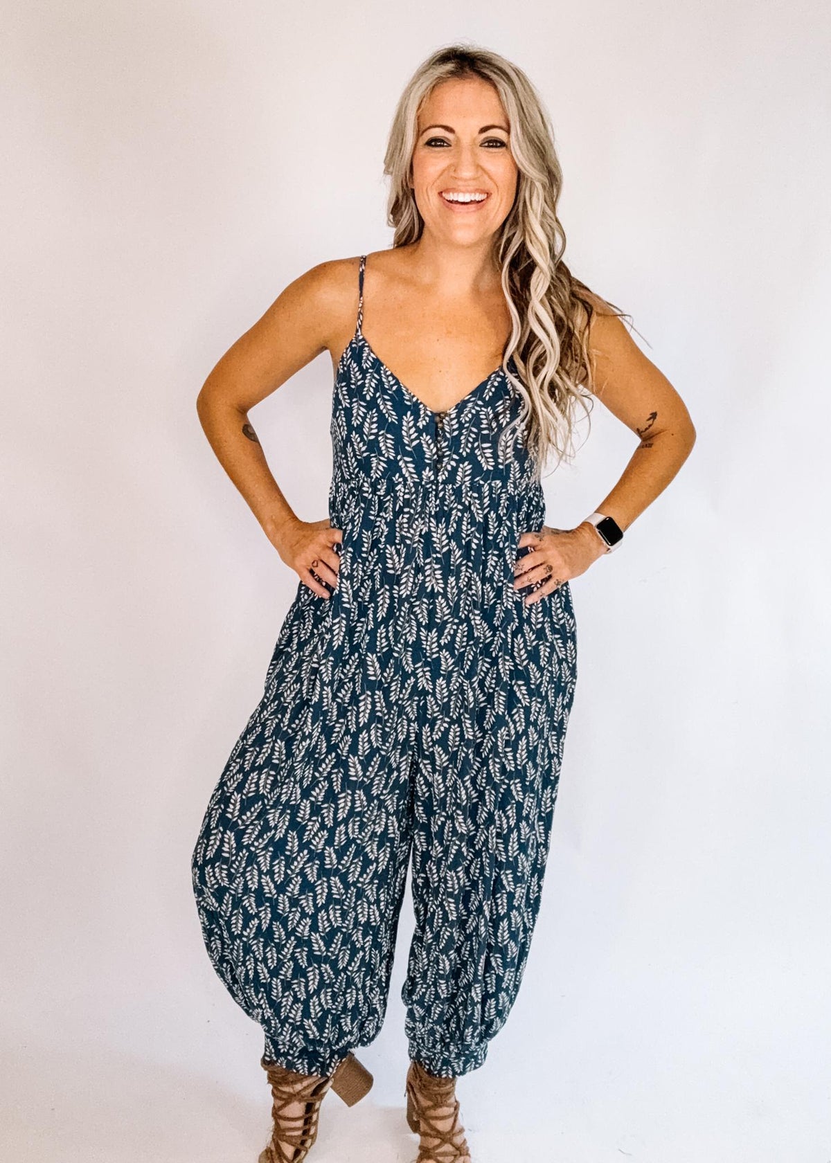 Boho Fern Printed Sleeveless Jumpsuit