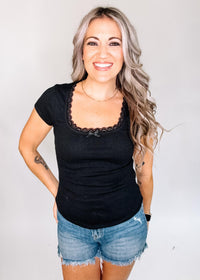 Ribbed Knit Top with Lace & Bow Trim