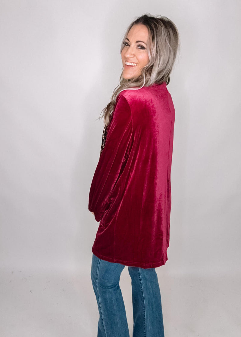 Raspberry Velvet Cardigan with Leopard Trim