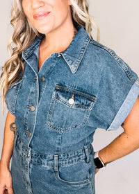 Denim Mineral Washed Button Down Romper