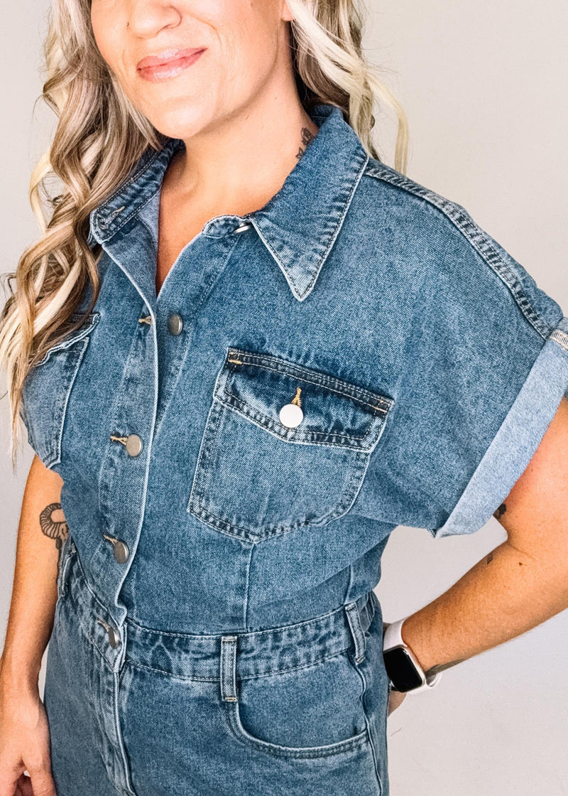 Denim Mineral Washed Button Down Romper