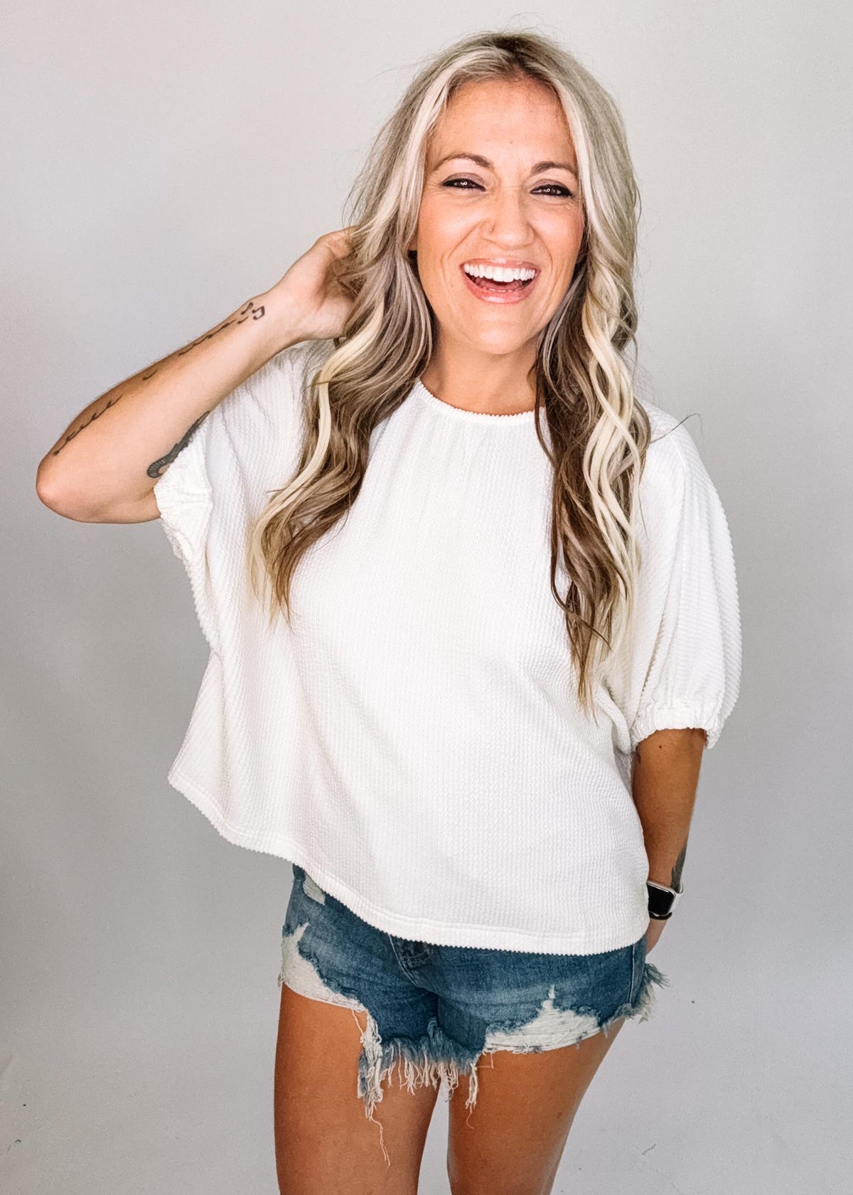 Textured Elastic Cuff Blouse