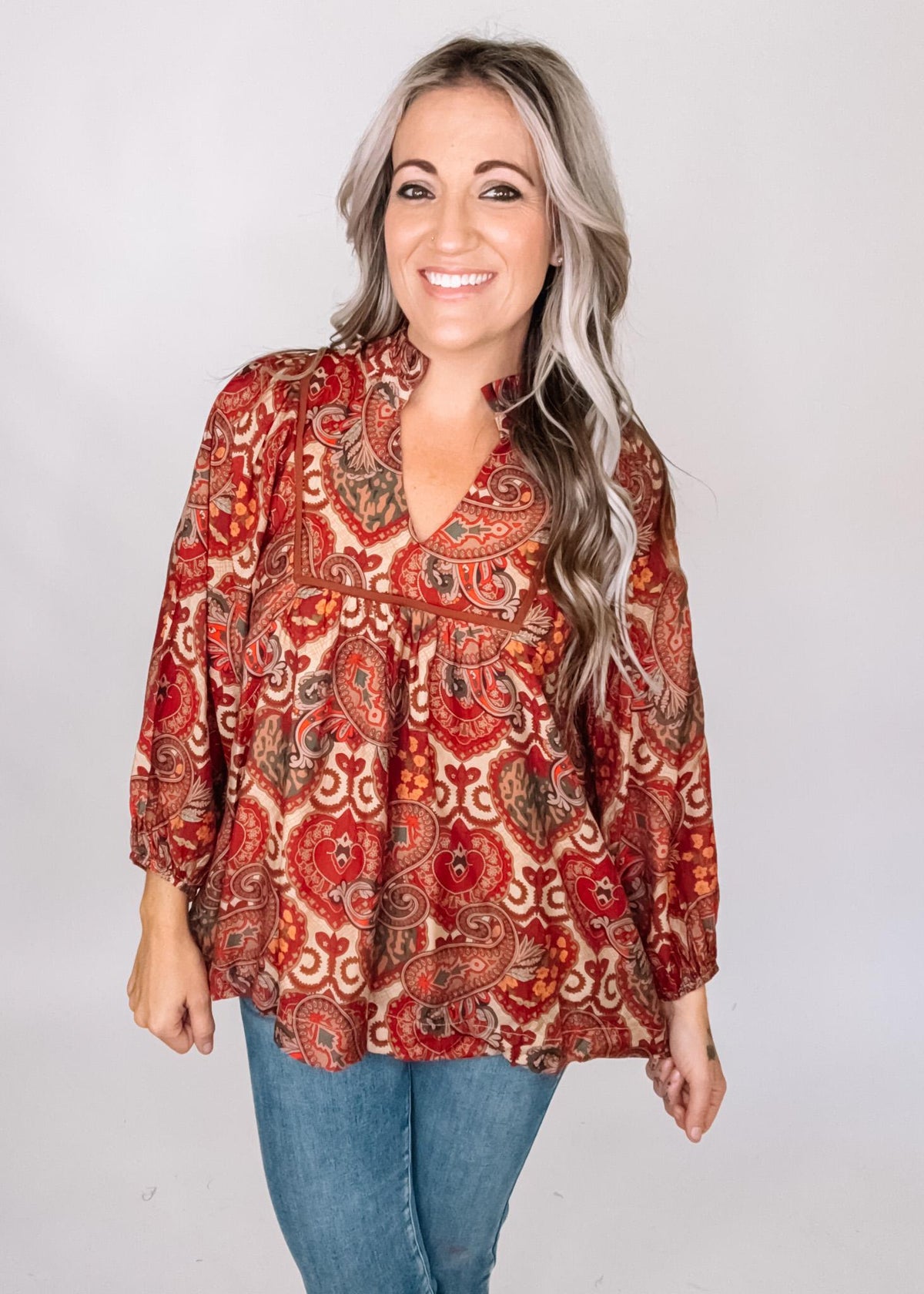 Red and Gold Mix Print Top