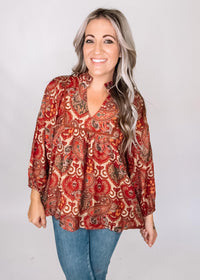 Red and Gold Mix Print Top