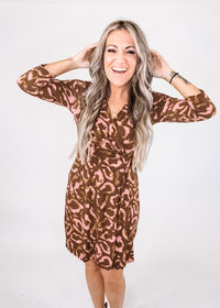 Brown and Pink Abstract V Neck Flounce Dress