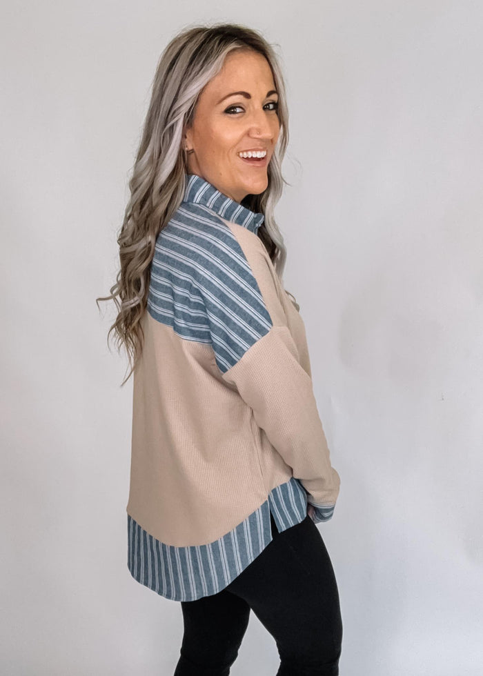 Striped Contrast Trim Waffle Knit Collared Top