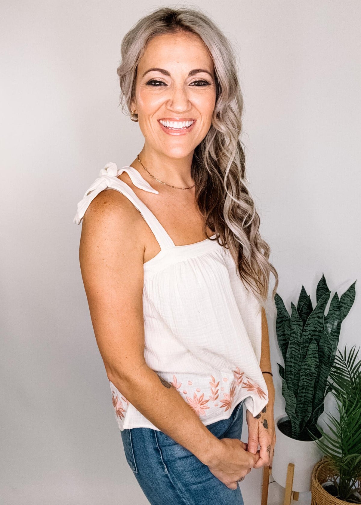 Natural Linen Top with Blush Embroidery