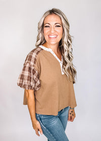 Hazelnut Mineral Washed Mixed Fabric Top