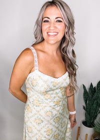 Cream and Yellow Lace Trim Midi Dress