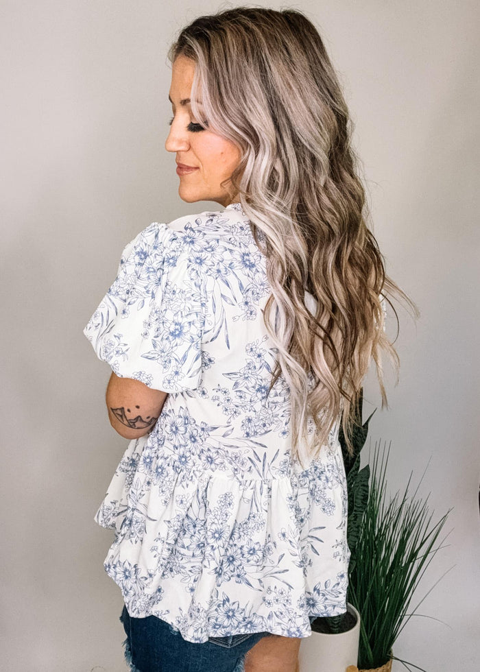 Front Ribbon Babydoll Puff Sleeve Blouse
