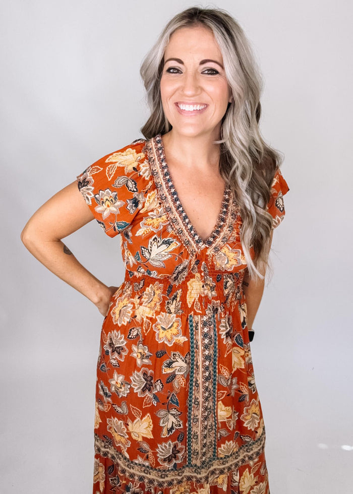 Short Sleeve Fall Printed Maxi Dress