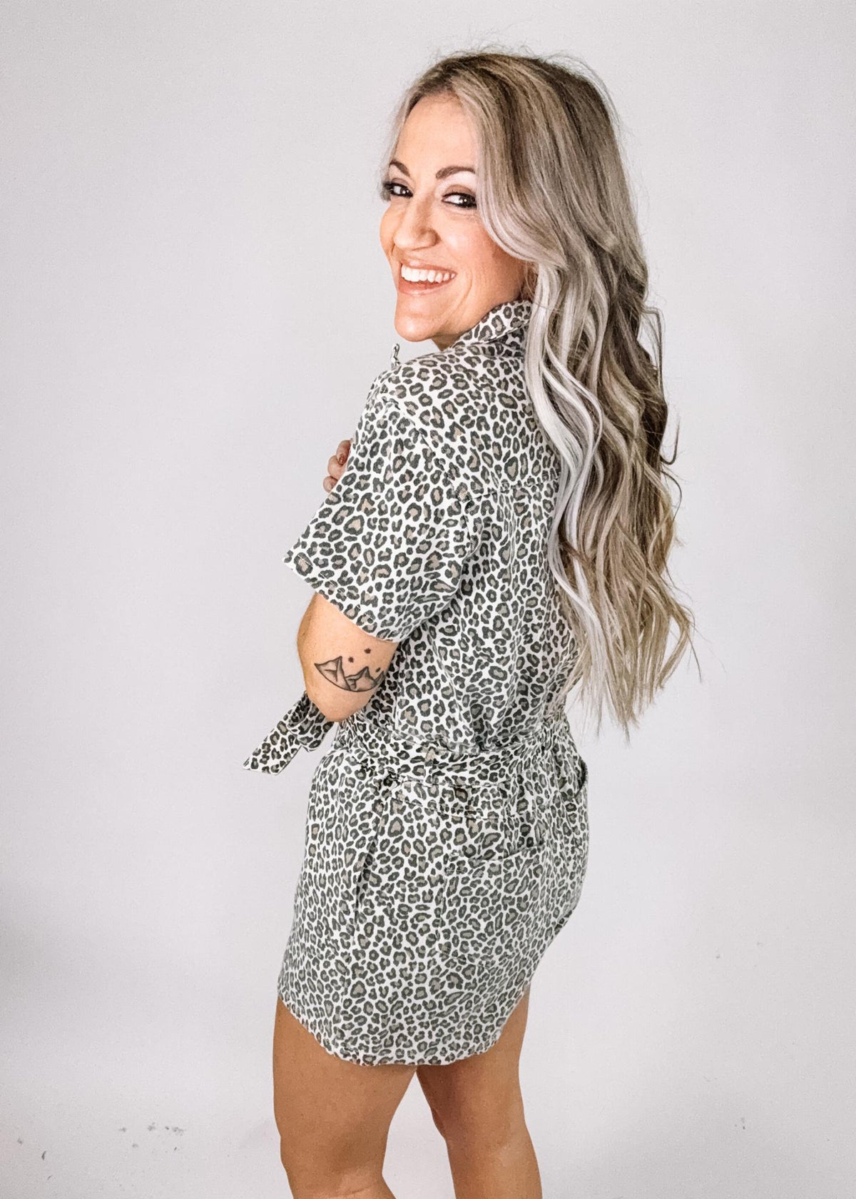 Animal Print Denim Zip Up Romper