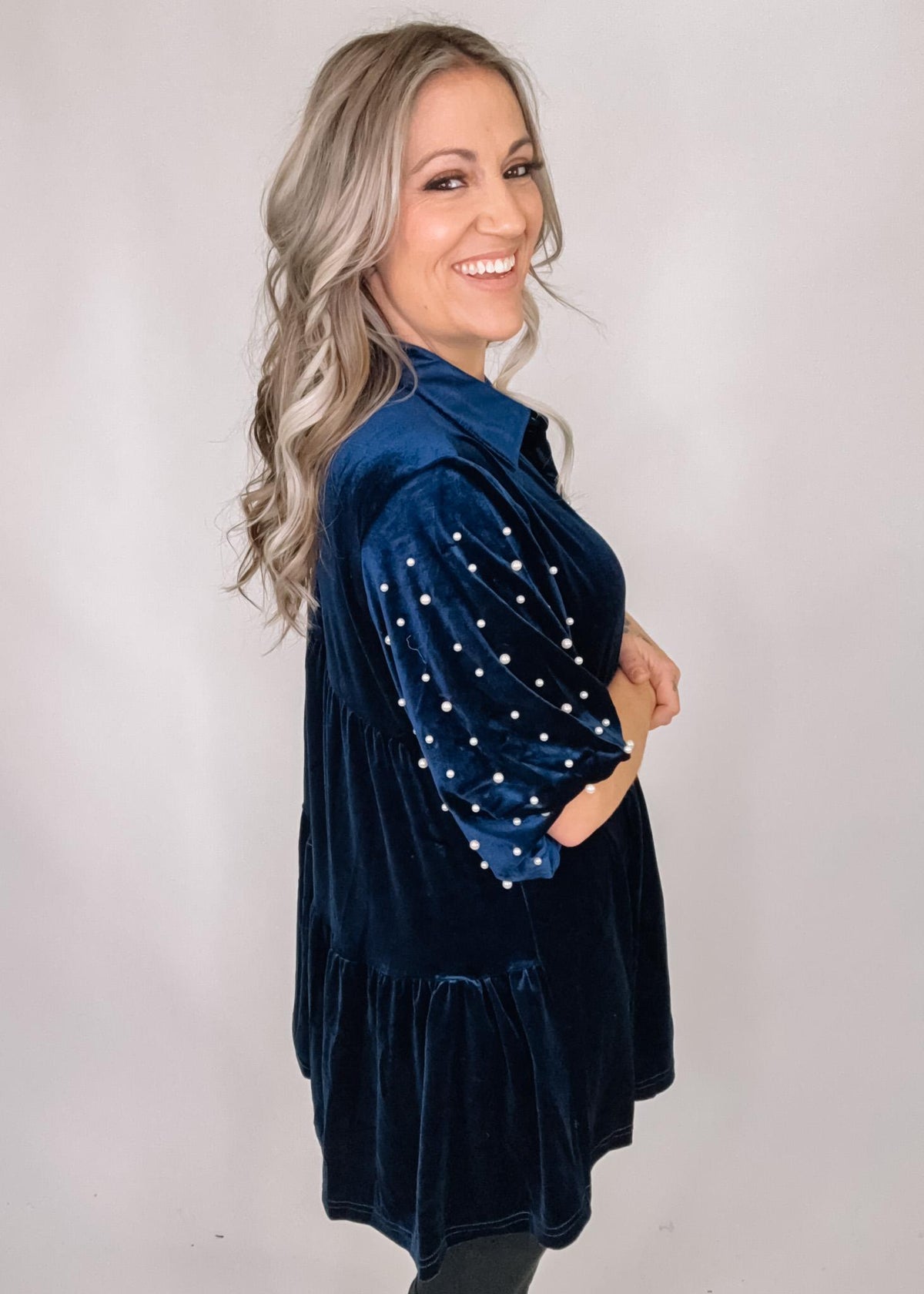 Navy Velvet Pearl Sleeve Tunic