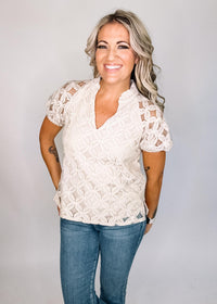 Notch Neck Puff Sleeve Lace Top