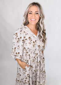 Cream and Taupe Floral Chiffon Maxi Dress