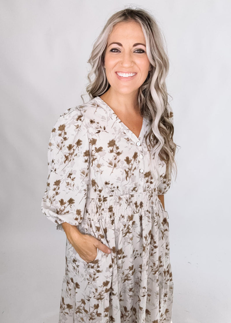 Cream and Taupe Floral Chiffon Maxi Dress