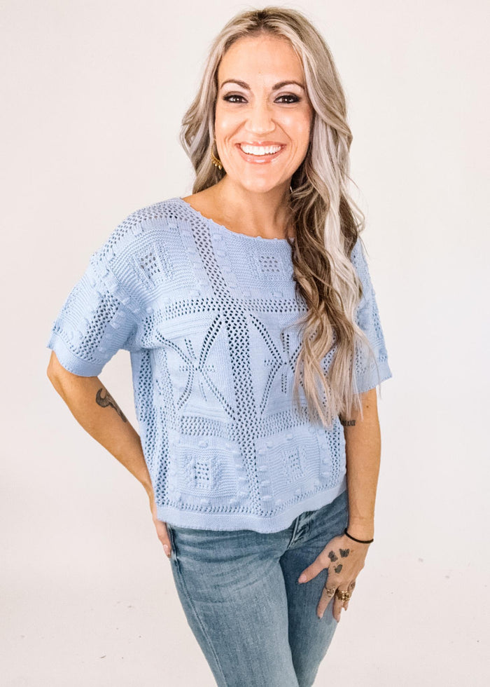 Sky Blue Crochet Sleeve Top