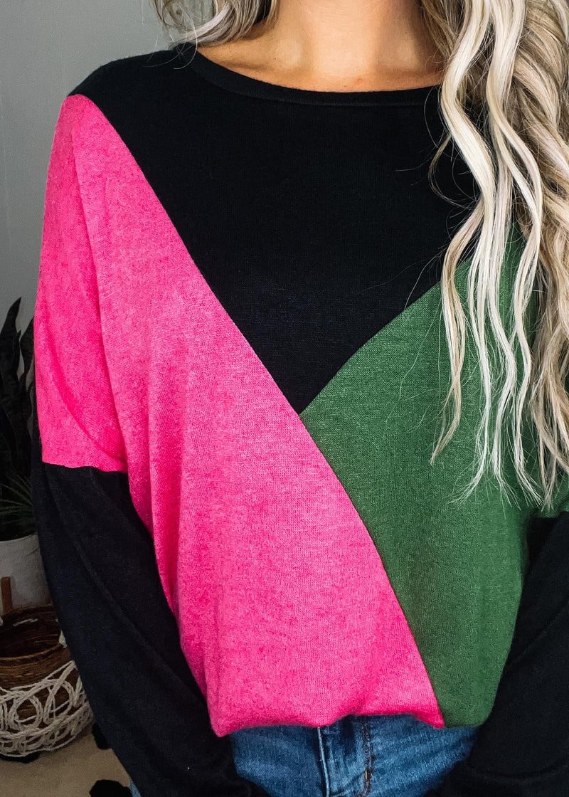 Black Pink Olive Colorblock Pullover