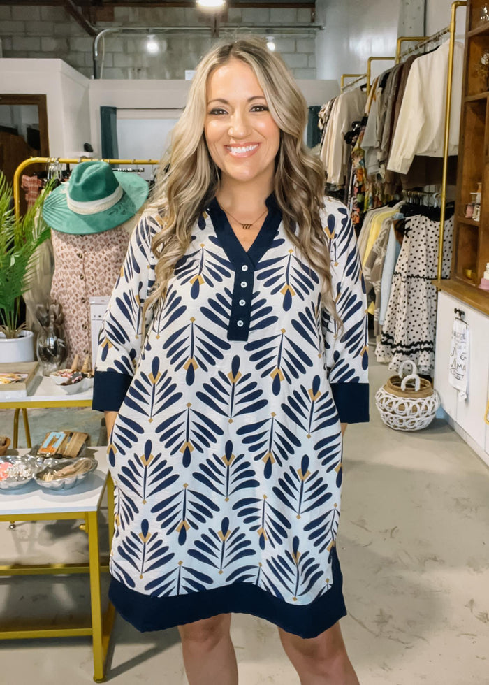 Navy Half Sleeve Printed Mini Dress