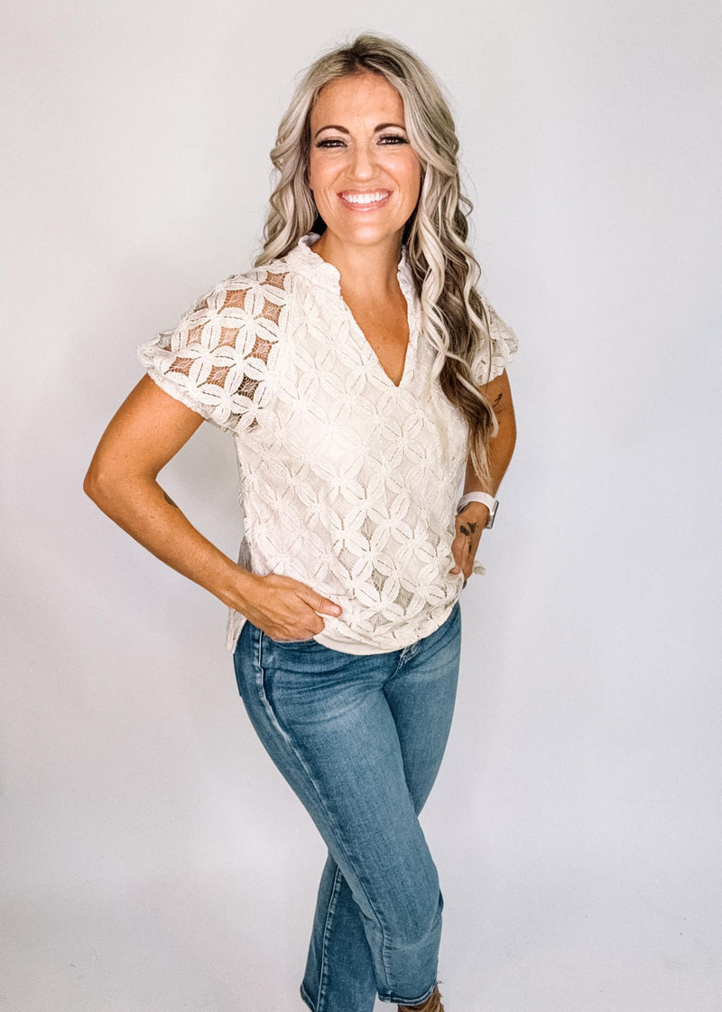 Notch Neck Puff Sleeve Lace Top
