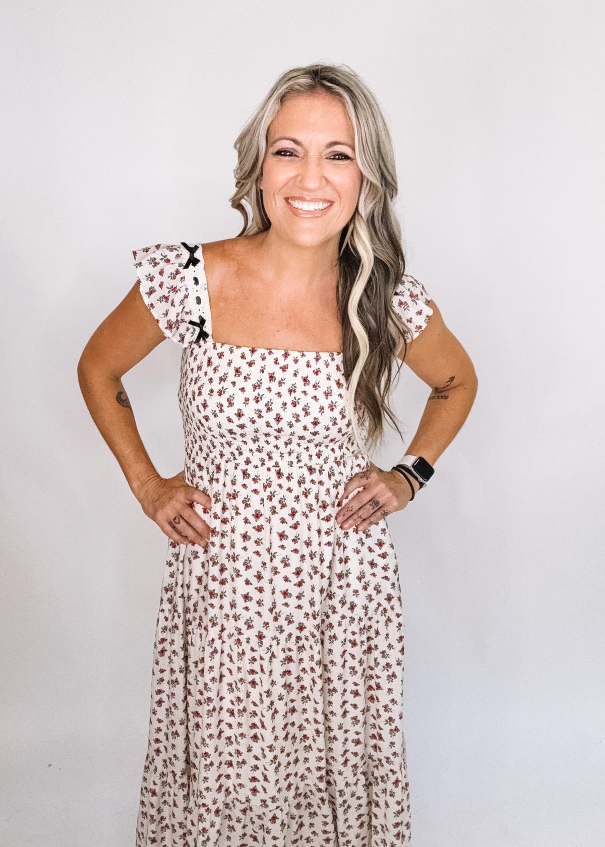 Cream Red Floral Smocked Midi Dress