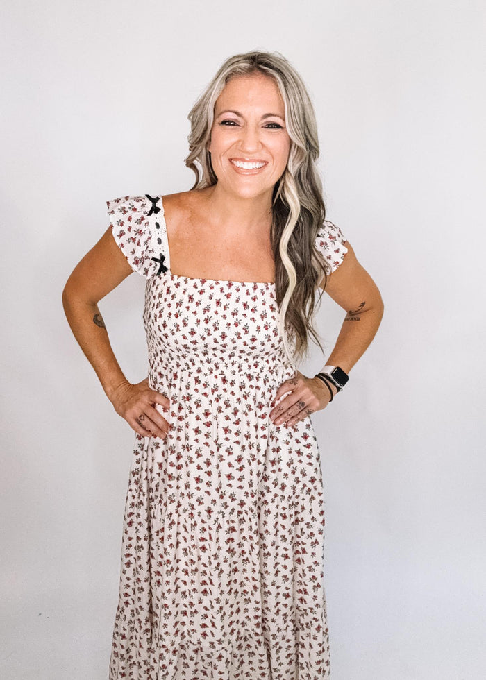 Cream Red Floral Smocked Midi Dress