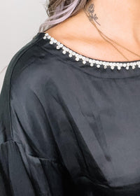 Rhinestone Trim 3/4 Sleeve Satin Crop Top