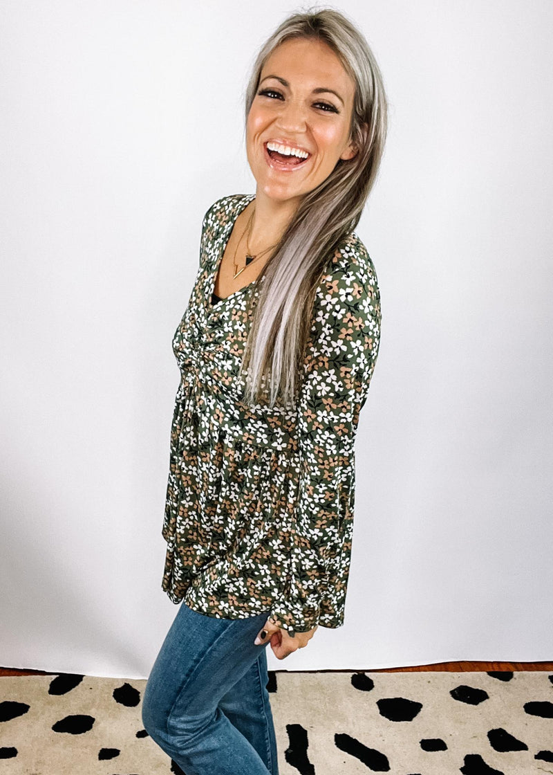 Olive Printed Cinched Chest Top