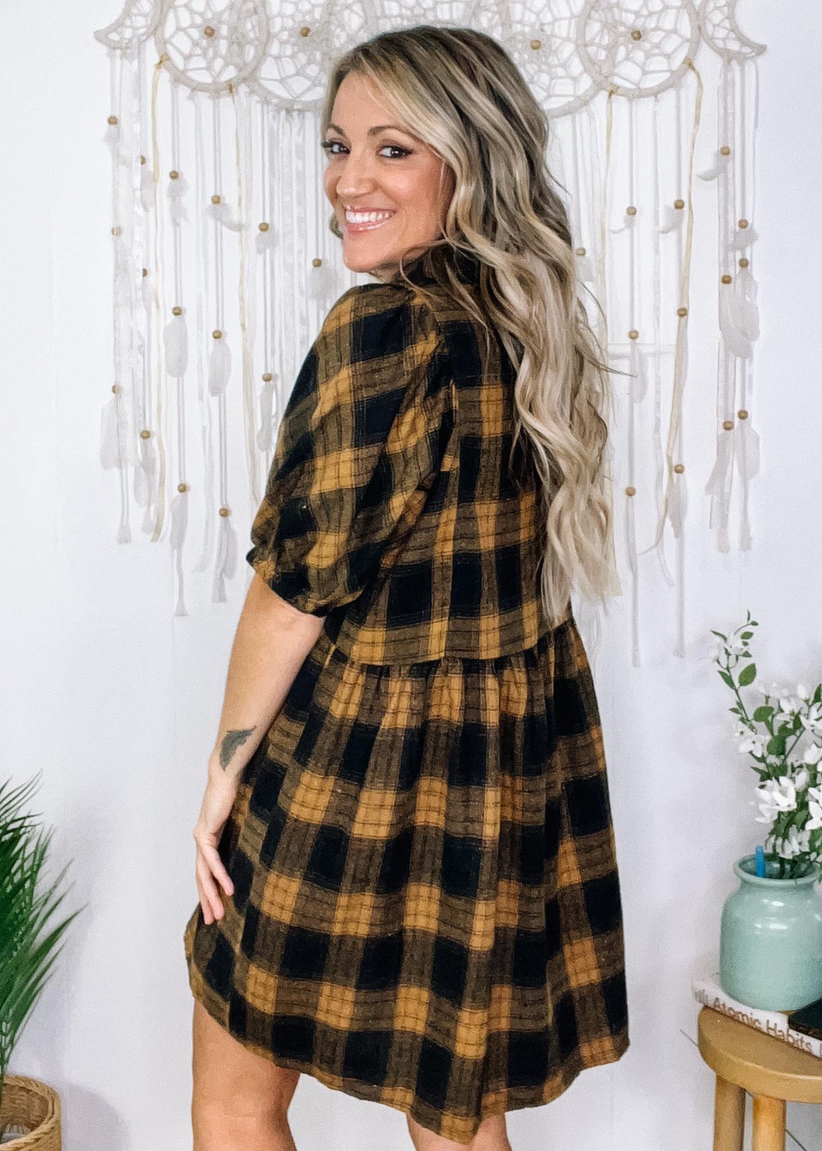Camel and Black Flannel Puff Sleeve Dress