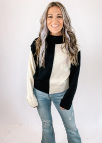 Ivory and Black Color Block Turtleneck