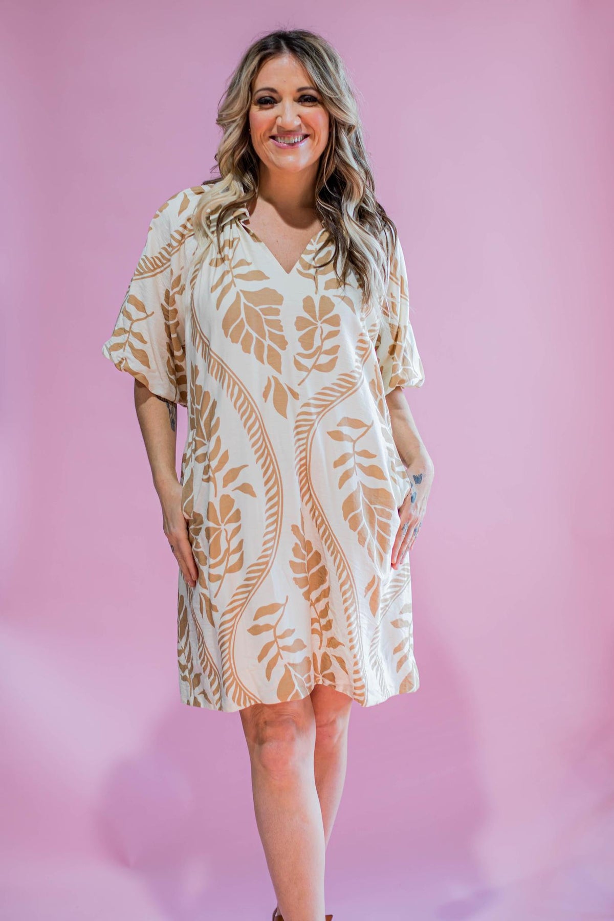 Latte Printed Puff Sleeve Mini Dress