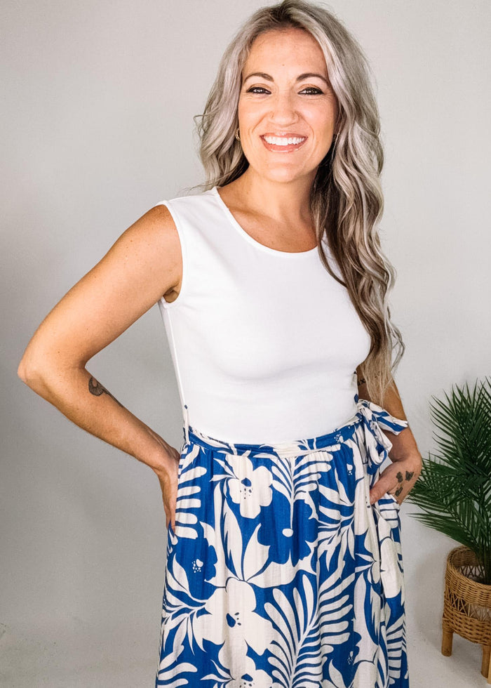 Sleeveless Knit Midi Dress with Blue Floral Skirt