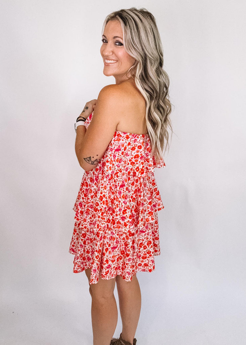 Red Floral Tiered Mini Dress