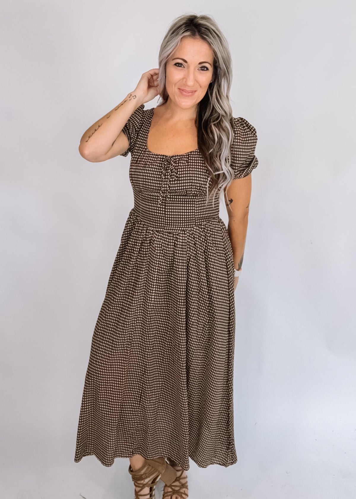 Gingham Corset Puff Sleeve Midi Dress