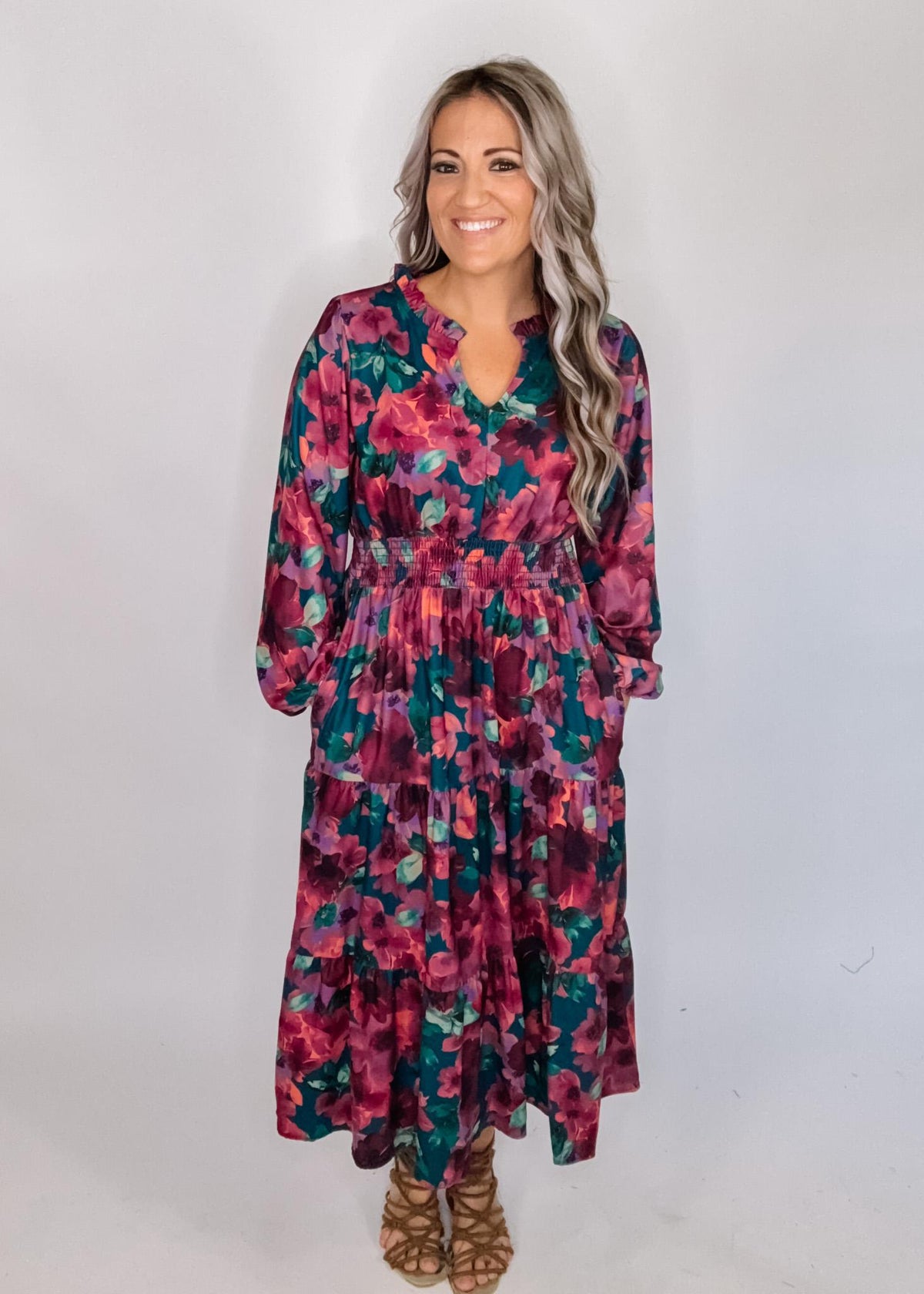 Hunter and Magenta Floral Midi Dress