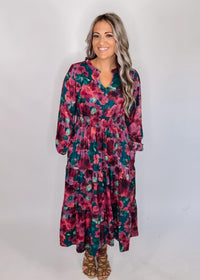 Hunter and Magenta Floral Midi Dress