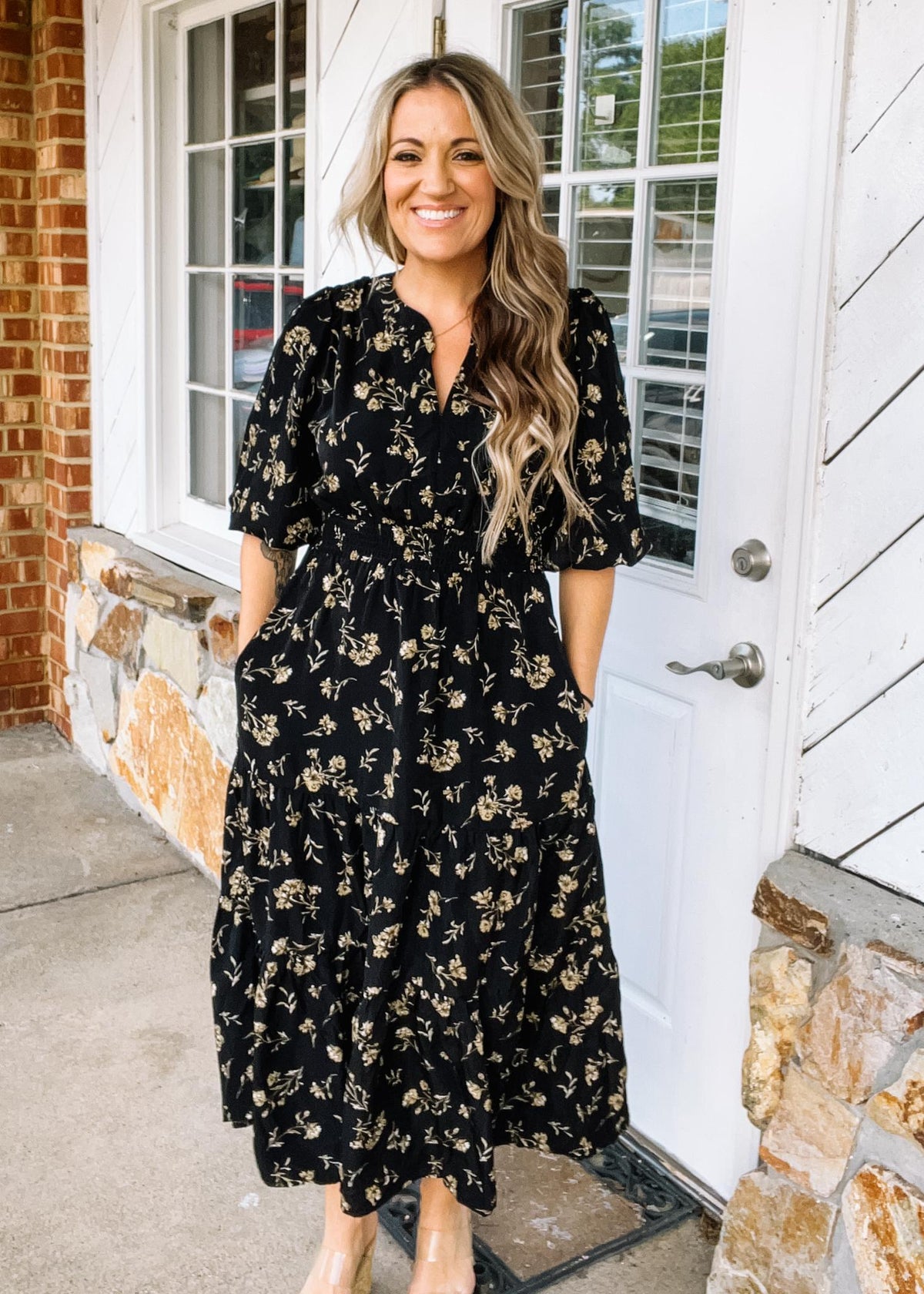 Black Floral 3/4 Sleeve Printed Maxi Dress