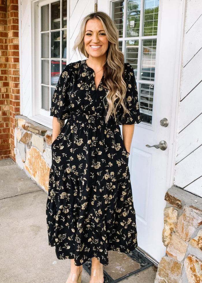 Black Floral 3/4 Sleeve Printed Maxi Dress