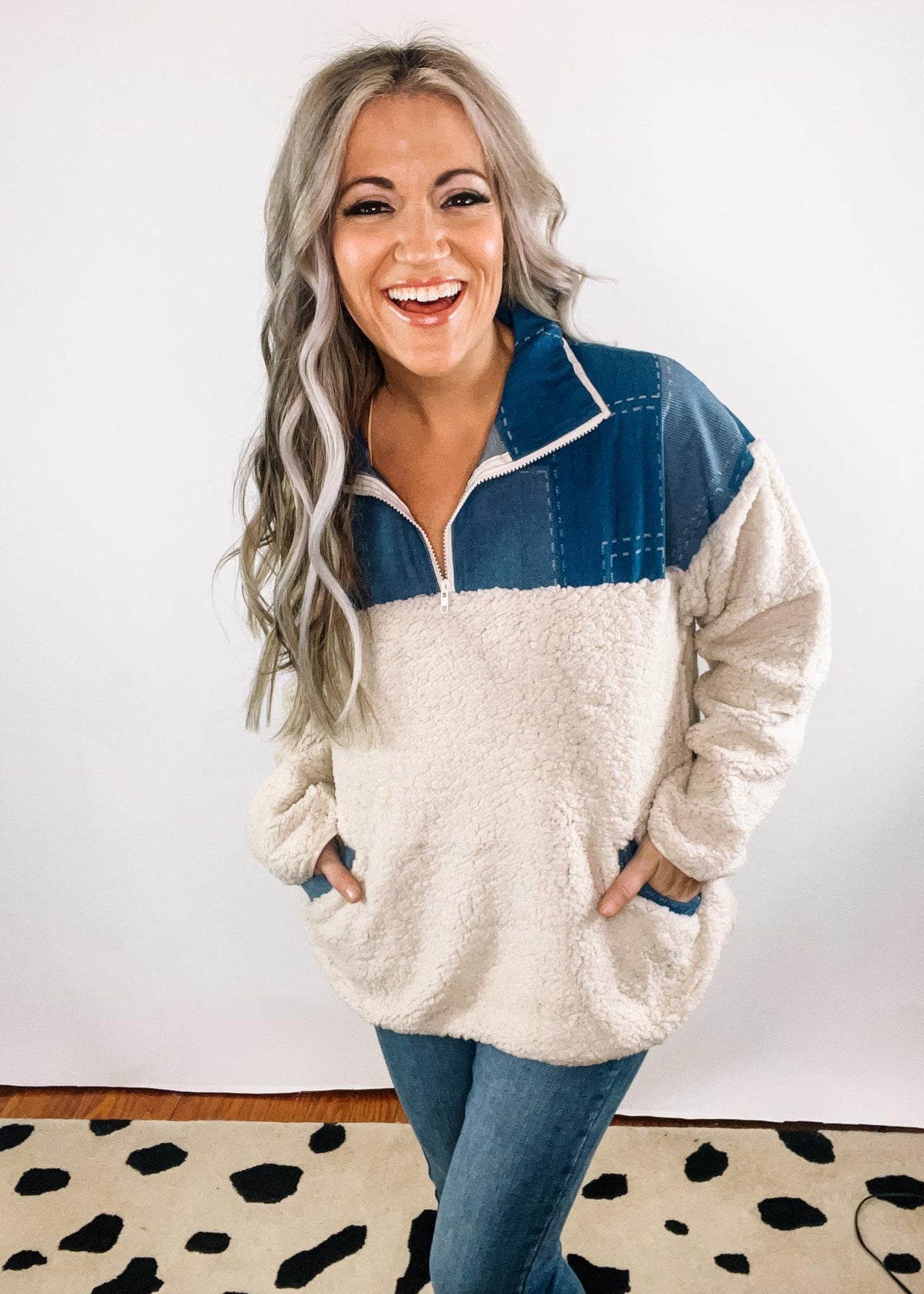 Denim and Ivory Sherpa Pullover